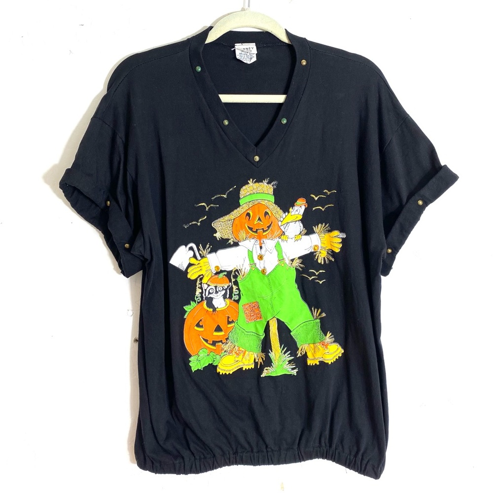 Vintage Penney Lynn Scarecrow Pumpkin Fall Autumn Halloween Top Rolled Sleeves